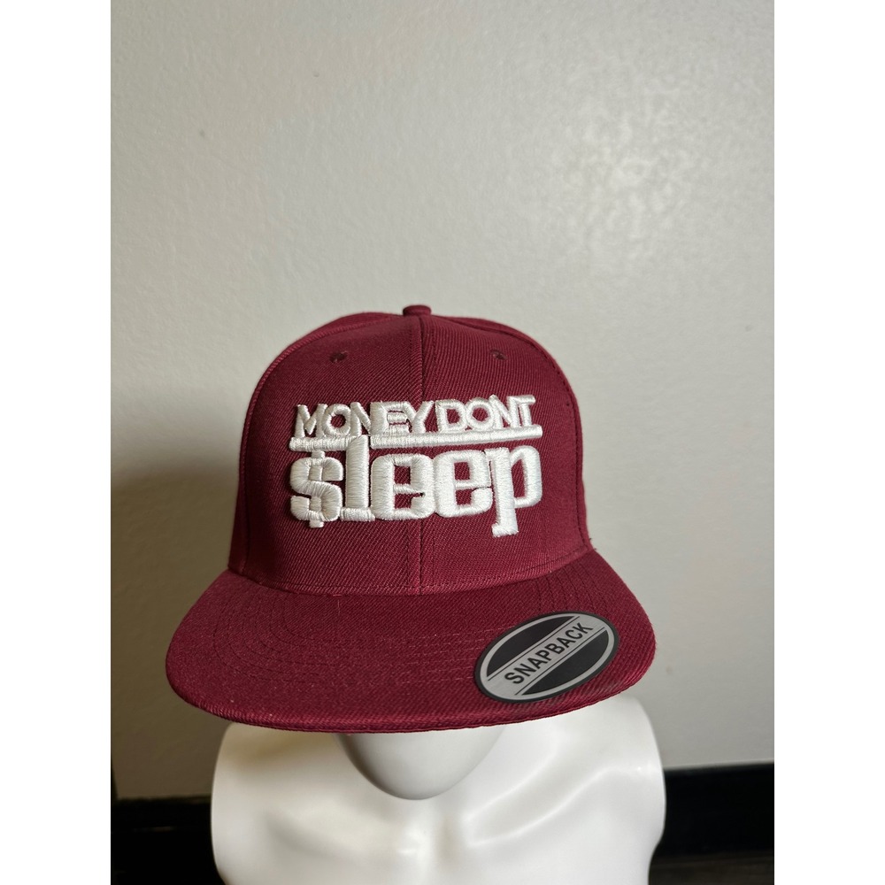 Money Dont Sleep Snapback Hat Maroon Burgundy 3D Puff Embroidery Streetwear Cap